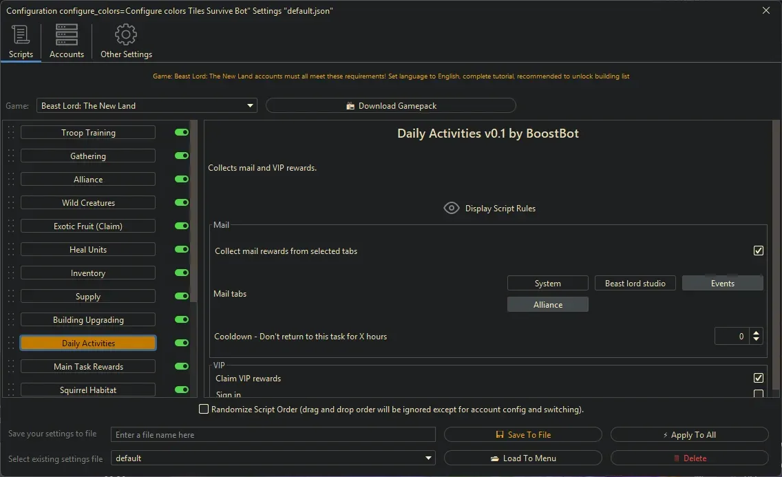 Beast Lord Bot - Daily Activities